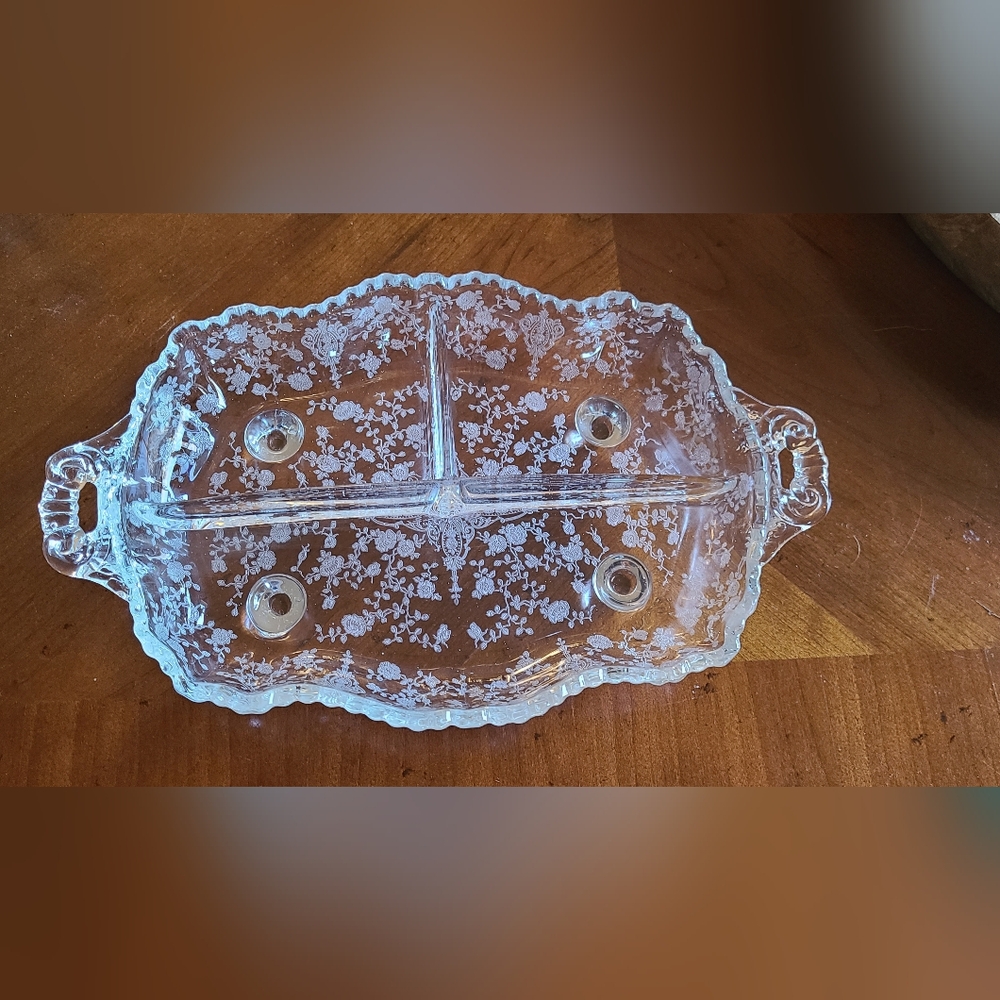 Vintage Cambridge Footed Glass Rose Point 3 part divided relish dish ❤️